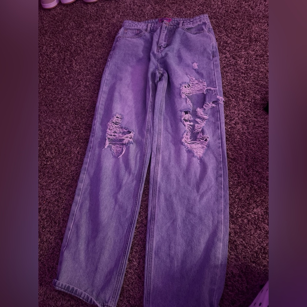 Edikted Blue Flare Wide Leg Jeans Distressed